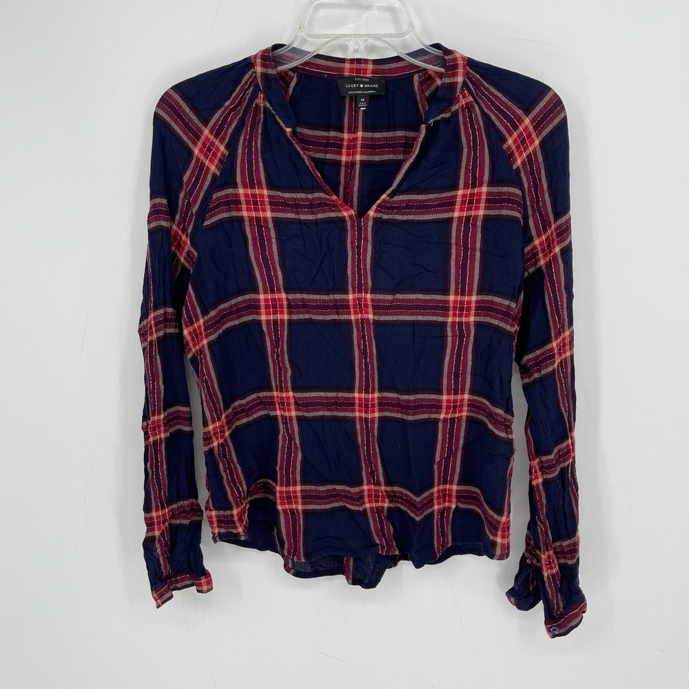 Lucky Brand Women's Navy Plaid Metallic Lurex Crinkle V-Neck Boho Blouse Size M